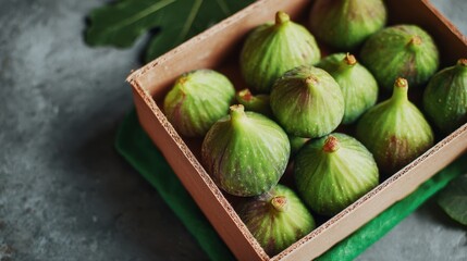 Fresh green figs in a wooden box on dark background for natural food concept ,National Fig Week
