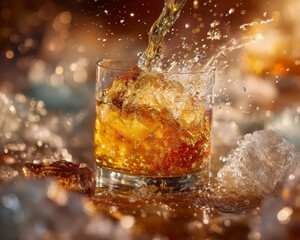 Whiskey pouring into glass with ice cubes splashing and frozen action shot capturing dynamic amber liquid and sparkling droplets in warm glowing background creating lively atmosphere