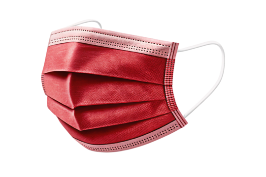 Pink and red gradient surgical mask with white elastic ear loops, isolated on a transparent background