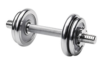 Naklejka premium Single chrome dumbbell with black weight plates and knurled metal grip handle, isolated on a transparent background