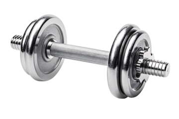 Single chrome dumbbell with black weight plates and knurled metal grip handle, isolated on a transparent background