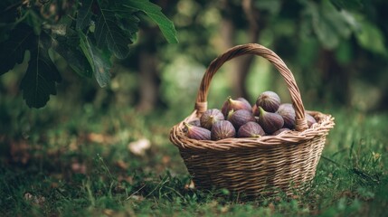 Basket of fresh figs in a lush garden setting for autumn harvest and nature themes ,National Fig Week
