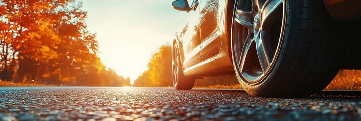 closeup side view of tires on road surface with soft autumn sunset glow. atmospheric image calmness and motion, ideal for content about personal journeys, travel freedom, safe driving tips during fall