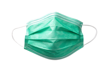 Green disposable surgical face mask with elastic ear loops and pleated design for medical protection purposes, isolated on a transparent background