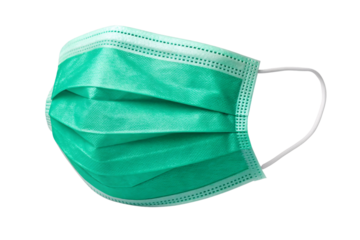 Teal colored disposable medical face mask with white ear straps and three-layer filtration system for health safety, isolated on a transparent background