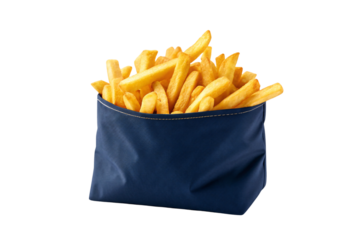Golden french fries served in navy blue fabric container bag with white stitching detail around the rim, isolated on a transparent background