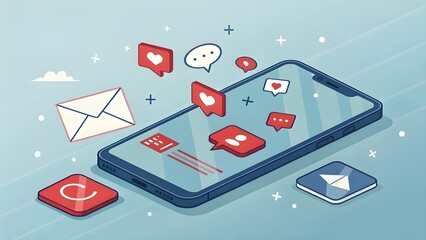 Modern smartphone with floating digital icons representing social media and communication