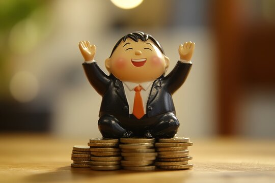 charming figure of businessman celebrates while sitting on coins, offering lighthearted take on financial success. Can be used in infographics, presentations or playful corporate visuals