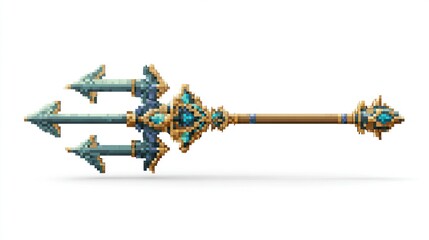 Ornate pixel art trident with golden embellishments and turquoise gems on a white background
