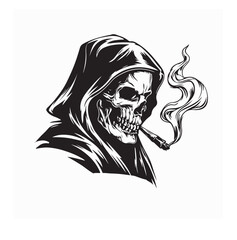 Skull in Hooded Cloak Smoking Cigarette Vector Design on white background