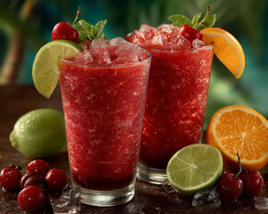 Red slushies with crushed ice served in clear glasses garnished with lime, orange slices, cherries, and fresh mint leaves, creating refreshing tropical drink presentation