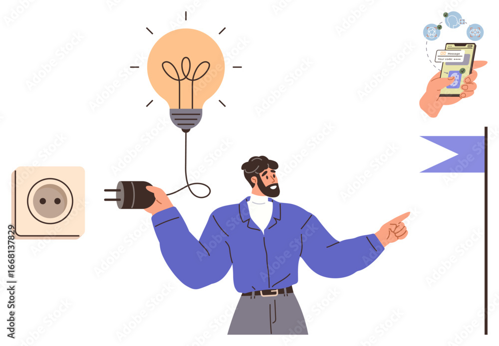 Poster man connects plug to socket with glowing lightbulb symbolizing innovation. hand checks notifications