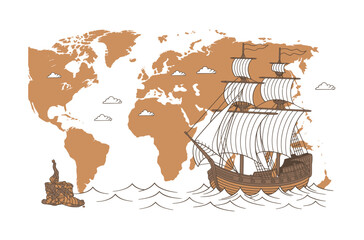 Vintage World Map with Sailing Ship, Evoking Exploration
