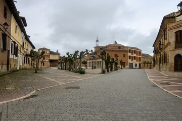Main square of Fuentes de Nava in Palencia with historic facades and trimmed trees