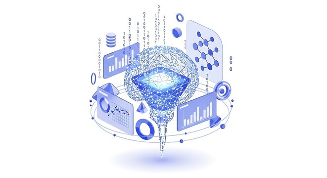 Ai brain visualization with data charts and network connections isolated on white background