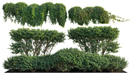Fototapeta premium Set of cascading ivy vine plants with bush greenery plant, vine plant isolated on white background. ivy plant with Clipping path PNG for landscape and design.