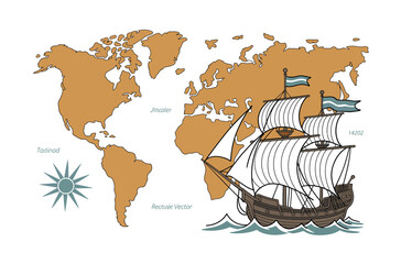 Vintage World Map with Sailing Ship, Evoking Exploration