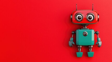 Expressive Animatronic Robot Concept. Colorful Retro Robot Toy on Bright Red Background with Big Eyes and Playful Design