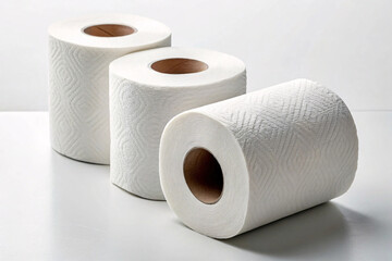 Fototapeta premium Three white toilet paper rolls arranged on white surface, displaying textured quilted patterns and brown cardboard cores for household bathroom use supplies.