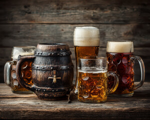 Rustic wooden beer mugs and glasses filled with frothy amber and dark beer on weathered wooden surface, evoking cozy and traditional pub atmosphere