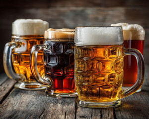 Golden amber dark beer mugs with foam on rustic wooden table in cozy atmosphere, inviting and refreshing drink for social gathering or celebration