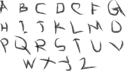 Children's hand drawing set from letters A to Z editable stroke line signs, brush, graphic, handwriting, scratch, comic, artistic, drawing, ink and vector illustration