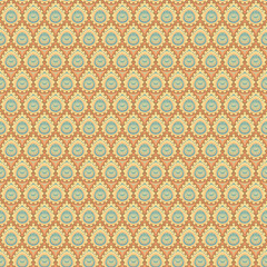 A seamless ornamental pattern in warm vintage tones of orange, teal, and beige. Perfect for textiles, wallpapers, backgrounds, and retro-inspired digital design projects.