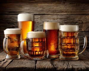 Five beer mugs and glasses filled with amber and dark beer with frothy foam on rustic wooden table, inviting and refreshing drink for social gathering
