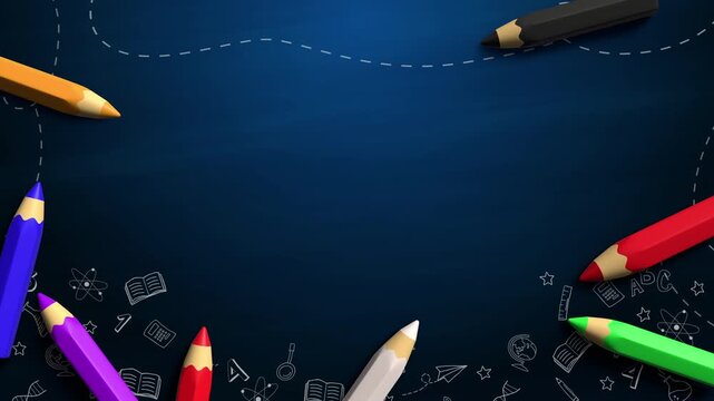 Blue school board with drawn doodle style icons of supplies and 3D colored pencils. Animated frame with empty space for text. Looped.