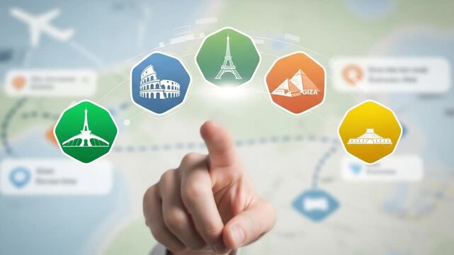 Finger pointing at eiffel tower icon on digital travel map with colosseum and giza pyramids icons