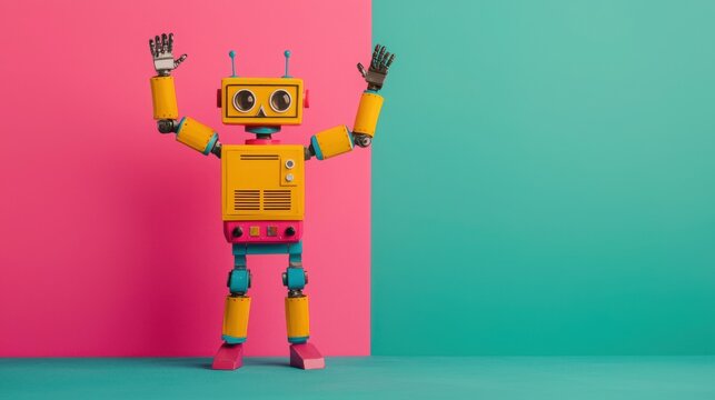Expressive Animatronic Robot Concept. Colorful retro robot greeting on vibrant background with pink and teal color scheme