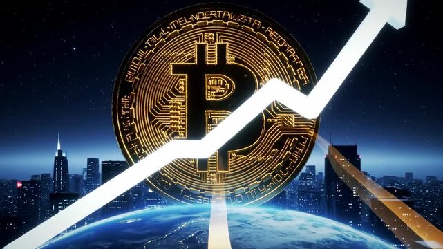 Digital currency rising against city skyline backdrop symbolizing fina