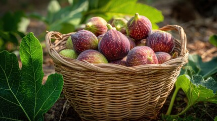 Freshly harvested figs in a rustic basket amidst vibrant green leaves in sunlit garden ,National Fig Week