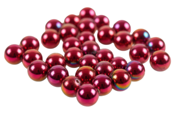 Extreme macro of perfectly spherical iridescent crimson beads reflecting light in a complex geometric cellular pattern on frosted acrylic against a transparent background, concept of abstract data