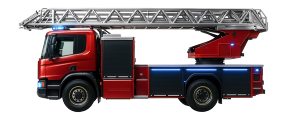 Fire service truck with retractable ladder and flashing blue lights