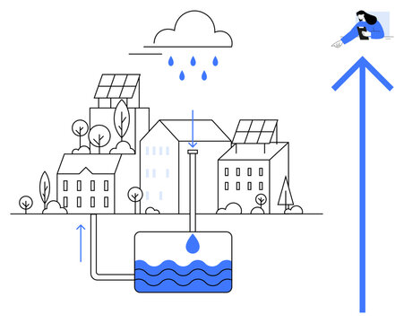 Rainwater falling on buildings with solar panels is collected in underground storage tanks for reuse. Ideal for sustainability, renewable energy, urban planning, water conservation, eco-living, green
