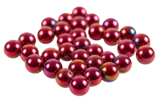 Extreme macro of perfectly spherical iridescent crimson beads reflecting light in a complex geometric cellular pattern on frosted acrylic against a transparent background, concept of abstract data