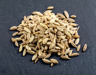 Cumin seeds heap on dark slate, sharp rustic close-up of whole jeera with natural earthy tones. (herb)