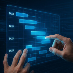 Hands interacting with digital project task chart