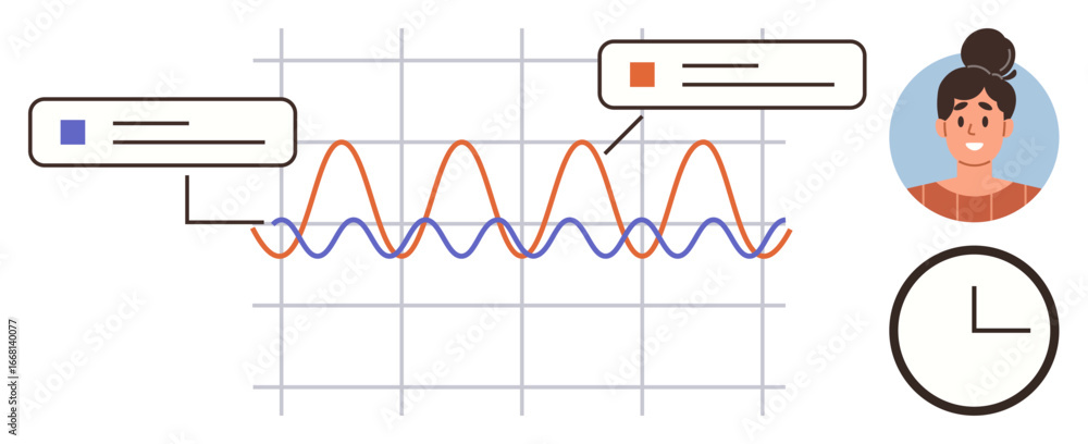 Poster graph lines with speech bubbles, profile avatar, and clock. ideal for teamwork, data analysis, plann