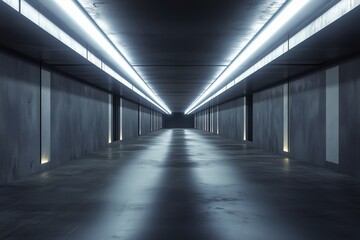 Dark concrete underground corridor with white LED lighting