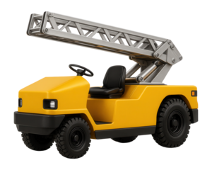 Yellow airport firefighting tug featuring a hydraulic ladder system on its roof