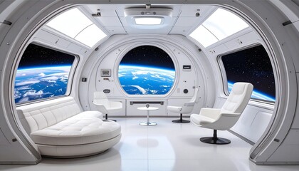Fototapeta premium Futuristic Spaceship Interior with a Window View of Planet Earth from Orbit