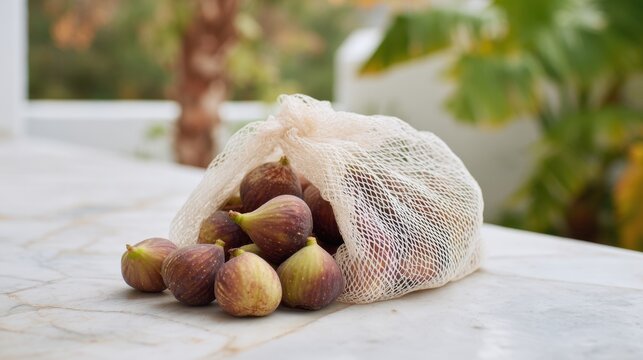 Fresh figs in eco-friendly mesh bag on marble table for sustainable lifestyle concept ,National Fig Week