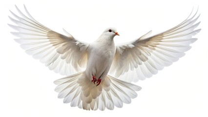 Obraz premium A white dove flying with its wings spread, isolated on white background