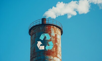 industrial chimney with a bright recycle symbol painted on it, emitting no CO2 fumes into a clear blue sky, symbolizing eco-friendly manufacturing and pollution control, Generative AI