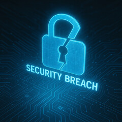 Digital security breach with glowing broken padlock symbol