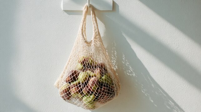 Eco-friendly lifestyle concept: fresh figs in reusable net bag hanging on wall ,National Fig Week - Powered by Adobe