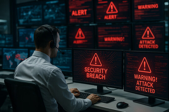 Security analyst monitoring cyber breach alerts