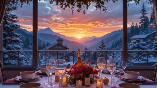 Romantic Christmas Dinner Table Setting with Mountain View at Sunset. 4k video